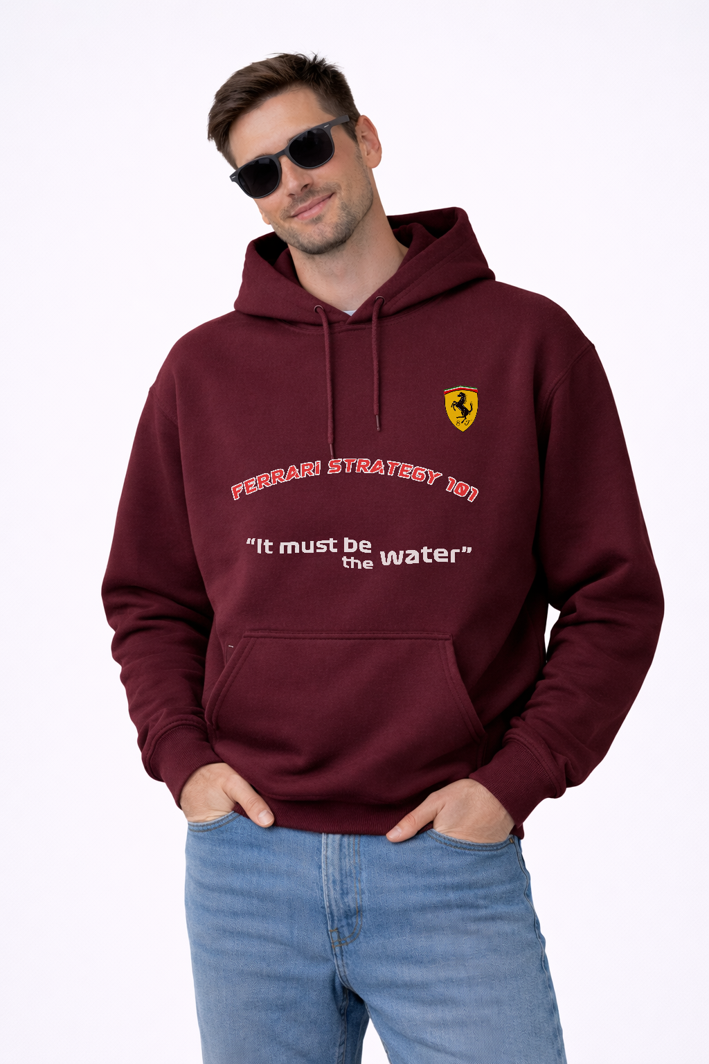 Ferrari Strategy 101 – “It Must Be the Water” | Unisex Fleece Cotton Hoodie